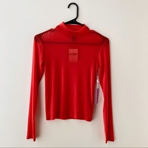 Forever 21 Orange Mesh Long Sleeve Mock Neck Shirt